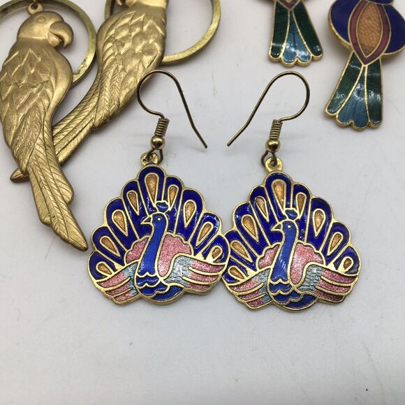 Lot Bird Earrings Cloisonne Enamel Gold Tone Peacock  Parrot Whimsical Catbird - Picture 9 of 10